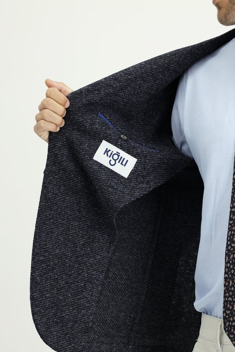 Dark Navy 7 Drop Slim Fit Narrow Cut Wool Striped Sport Italian Jacket