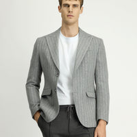 Medium Grey Melange 7 Drop Slim Fit Narrow Cut Wool Striped Classic Jacket