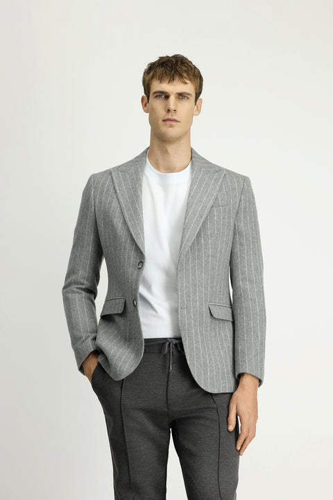 Medium Grey Melange 7 Drop Slim Fit Narrow Cut Wool Striped Classic Jacket