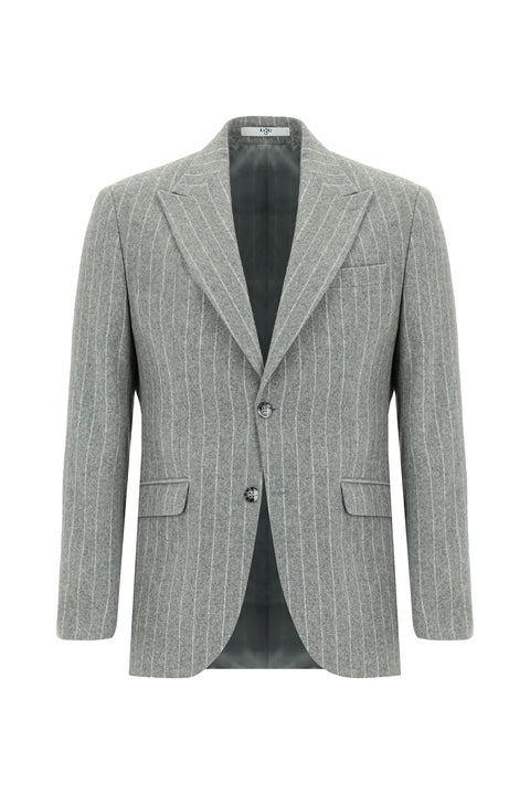 Medium Grey Melange 7 Drop Slim Fit Narrow Cut Wool Striped Classic Jacket