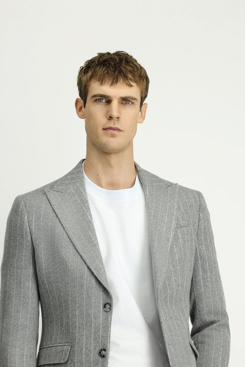 Medium Grey Melange 7 Drop Slim Fit Narrow Cut Wool Striped Classic Jacket