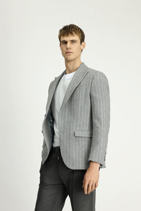 Medium Grey Melange 7 Drop Slim Fit Narrow Cut Wool Striped Classic Jacket