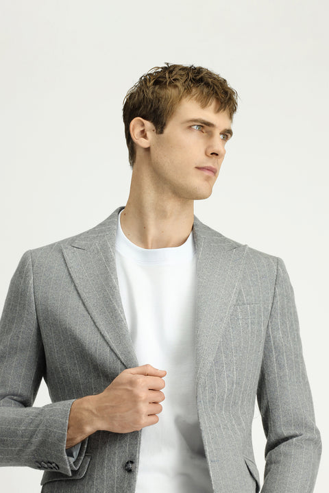 Medium Grey Melange 7 Drop Slim Fit Narrow Cut Wool Striped Classic Jacket