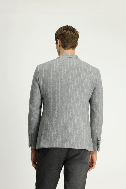 Medium Grey Melange 7 Drop Slim Fit Narrow Cut Wool Striped Classic Jacket