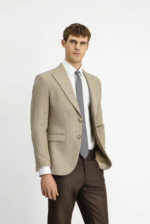 Medium Mink 7 Drop Slim Fit Narrow Cut Wool Striped Classic Jacket