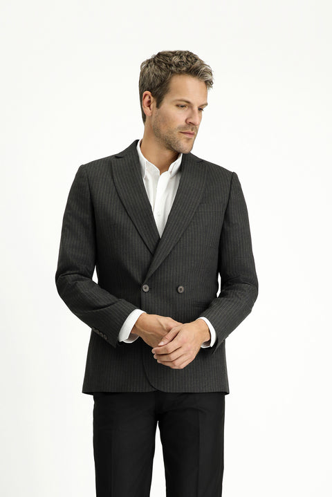Dark Anthracite 6 Drop Regular Fit Striped Double-Breasted Jacket
