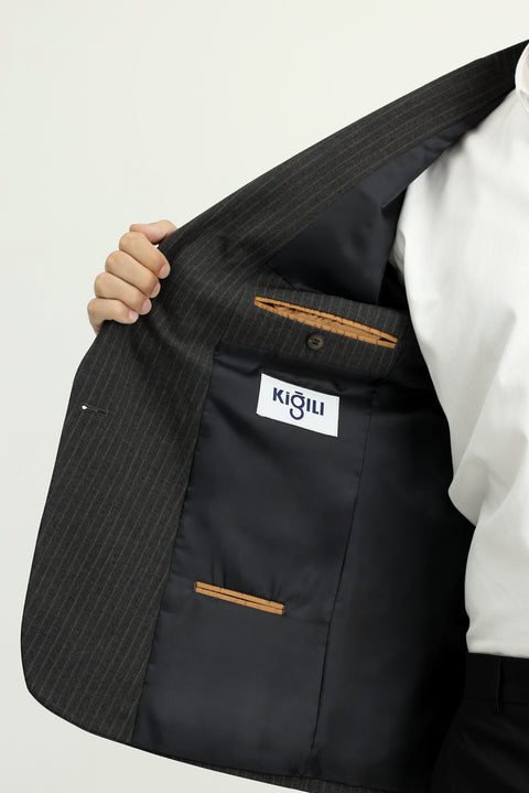 Dark Anthracite 6 Drop Regular Fit Striped Double-Breasted Jacket