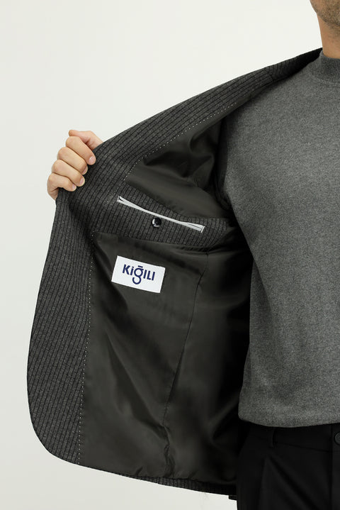 Dark Anthracite 4-Drop Relaxed Fit Classic Striped Cotton Knit Jacket