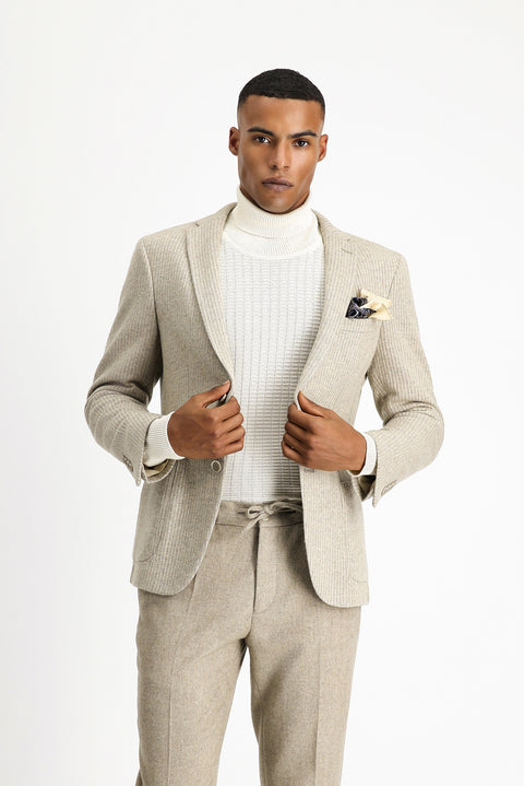 Light Beige 7 Drop Super Slim Fit Extra Narrow Cut Wool Striped Sport Knit Jacket