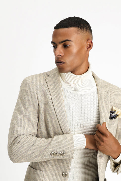 Light Beige 7 Drop Super Slim Fit Extra Narrow Cut Wool Striped Sport Knit Jacket