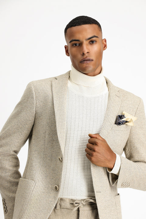 Light Beige 7 Drop Super Slim Fit Extra Narrow Cut Wool Striped Sport Knit Jacket