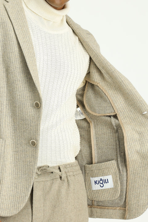 Light Beige 7 Drop Super Slim Fit Extra Narrow Cut Wool Striped Sport Knit Jacket