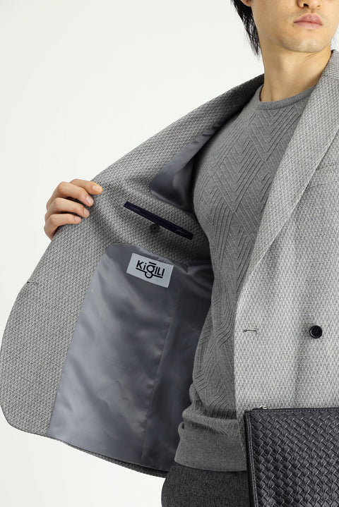 Medium Grey 7 Drop Slim Fit Patterned Double-Breasted Jacket