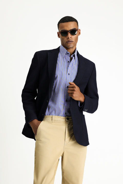 Dark Navy 4-Drop Relaxed Fit Patterned Sport Jacket