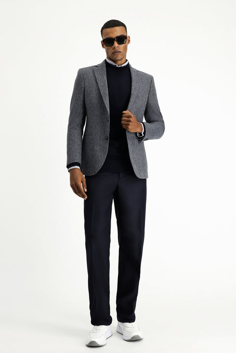 Medium Navy 7 Drop Super Slim Fit Extra Narrow Cut Wool Classic Patterned Jacket