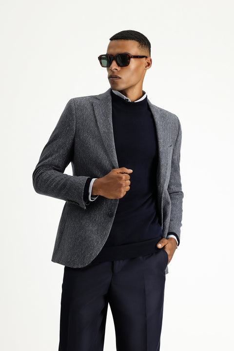 Medium Navy 7 Drop Super Slim Fit Extra Narrow Cut Wool Classic Patterned Jacket