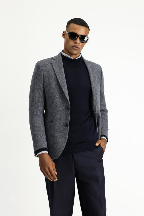Medium Navy 4 Drop Relaxed Fit Classic Patterned Wool Jacket