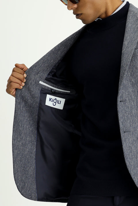 Medium Navy 7 Drop Super Slim Fit Extra Narrow Cut Wool Classic Patterned Jacket