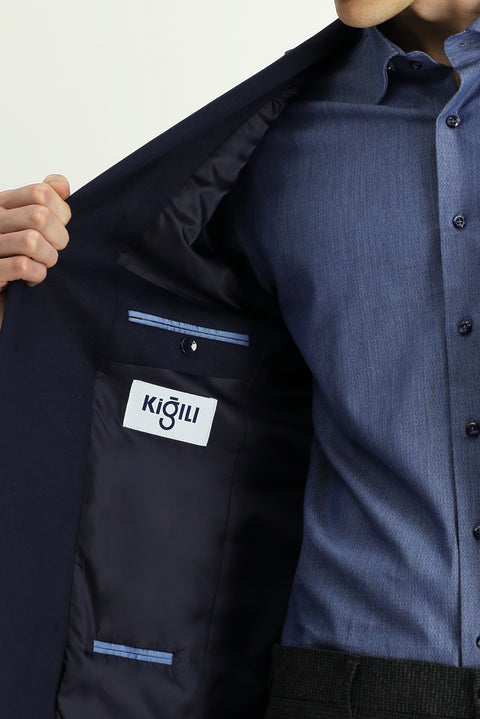 Dark Navy 6 Drop Regular Fit Classic Jacket with Lycra Fabric
