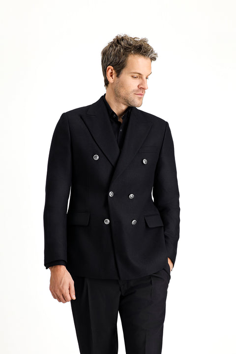 Black 7 Drop Slim Fit Patterned Double-Breasted Jacket
