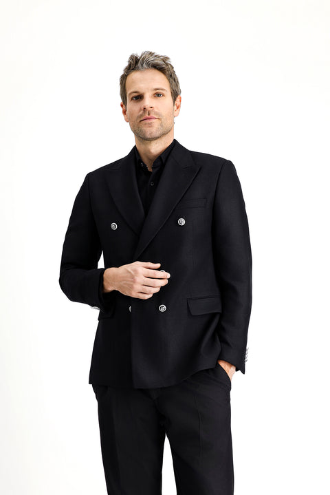 Black 7 Drop Slim Fit Patterned Double-Breasted Jacket