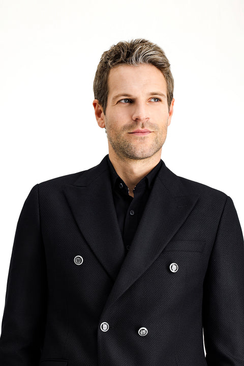 Black 7 Drop Slim Fit Patterned Double-Breasted Jacket