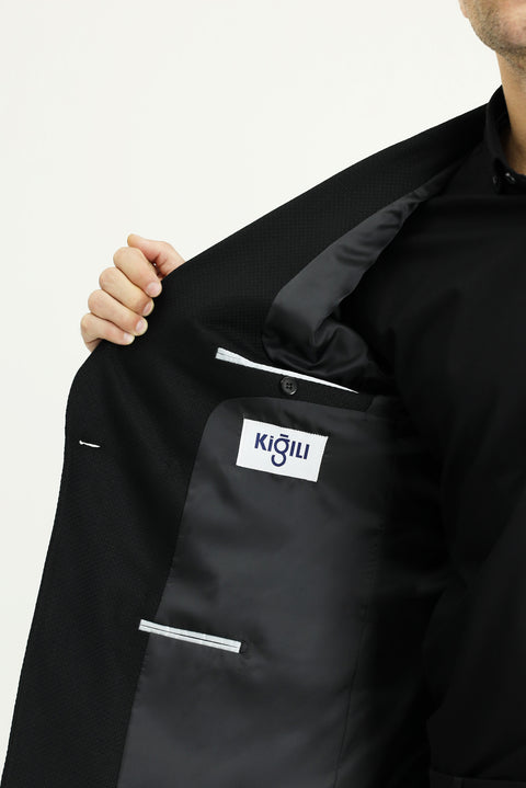 Black 7 Drop Slim Fit Patterned Double-Breasted Jacket