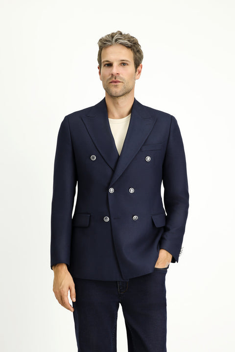 Dark Navy 7 Drop Slim Fit Patterned Double-Breasted Jacket