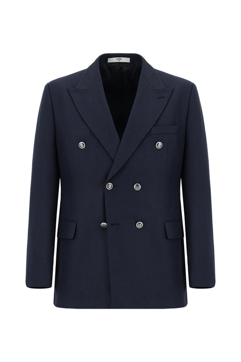 Dark Navy 7 Drop Slim Fit Patterned Double-Breasted Jacket