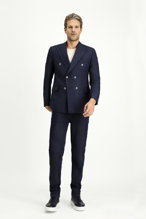 Dark Navy 7 Drop Slim Fit Patterned Double-Breasted Jacket