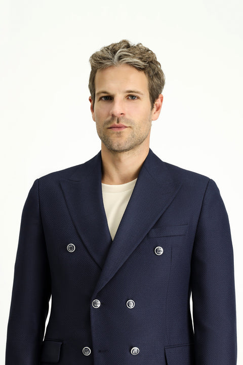 Dark Navy 7 Drop Slim Fit Patterned Double-Breasted Jacket