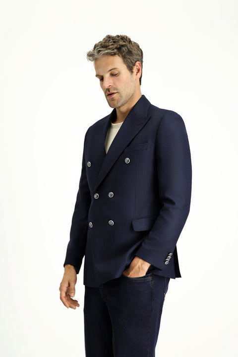 Dark Navy 7 Drop Slim Fit Patterned Double-Breasted Jacket