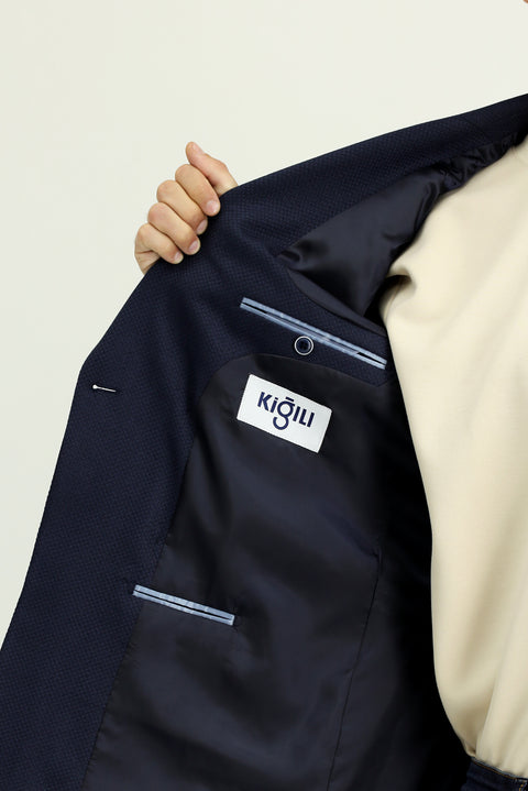 Dark Navy 7 Drop Slim Fit Patterned Double-Breasted Jacket