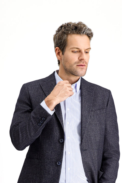 Dark Navy 7 Drop Slim Fit Patterned Wool Jacket