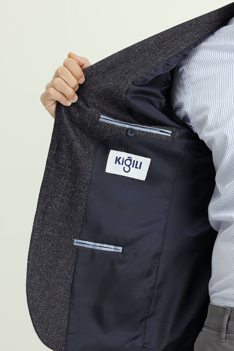 Dark Navy 7 Drop Slim Fit Patterned Wool Jacket