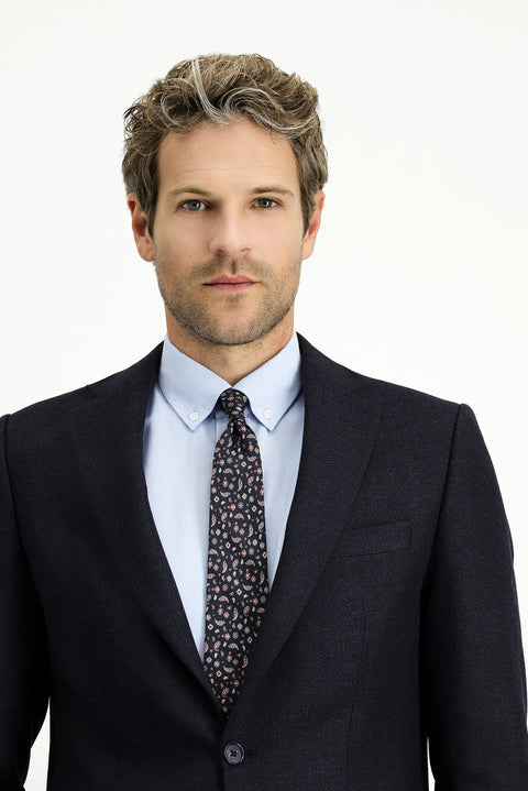 Dark Navy 6 Drop Regular Fit Standard Cut Patterned Italian Wool Classic Jacket