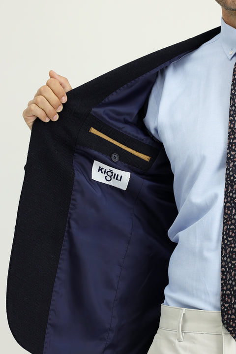 Dark Navy 6 Drop Regular Fit Standard Cut Patterned Italian Wool Classic Jacket