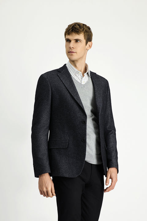 Dark Anthracite 8 Drop Muscle Fit Long Athletic Cut Wool Classic Patterned Jacket