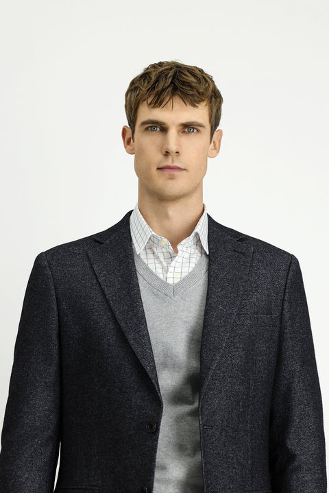 Dark Anthracite 8 Drop Muscle Fit Long Athletic Cut Wool Classic Patterned Jacket