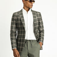 Orta Haki 7 Drop Super Slim Fit Eksra Dar Kesim Ekose Yün Ceket