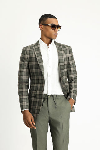  Orta Haki 7 Drop Super Slim Fit Eksra Dar Kesim Ekose Yün Ceket