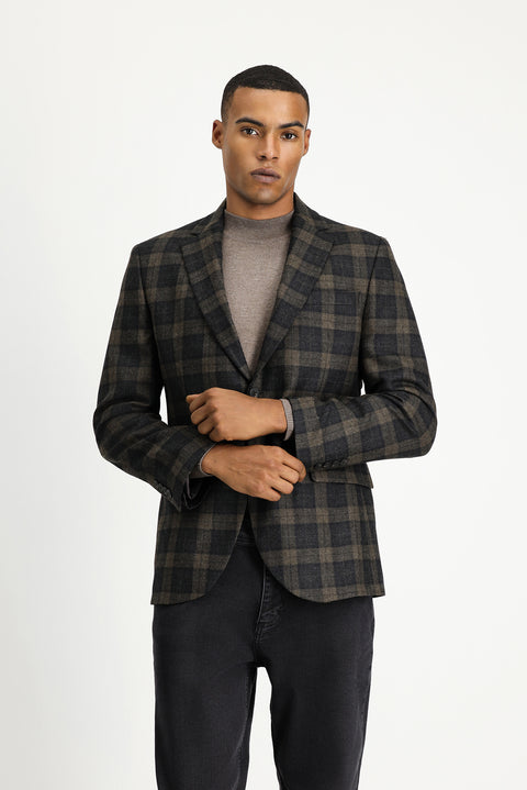 Dark Brown 7 Drop Slim Fit Classic Plaid Wool Jacket
