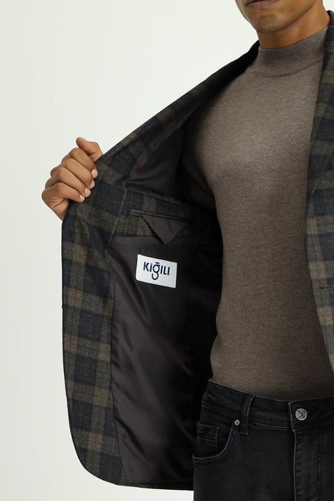 Dark Brown 7 Drop Slim Fit Classic Plaid Wool Jacket