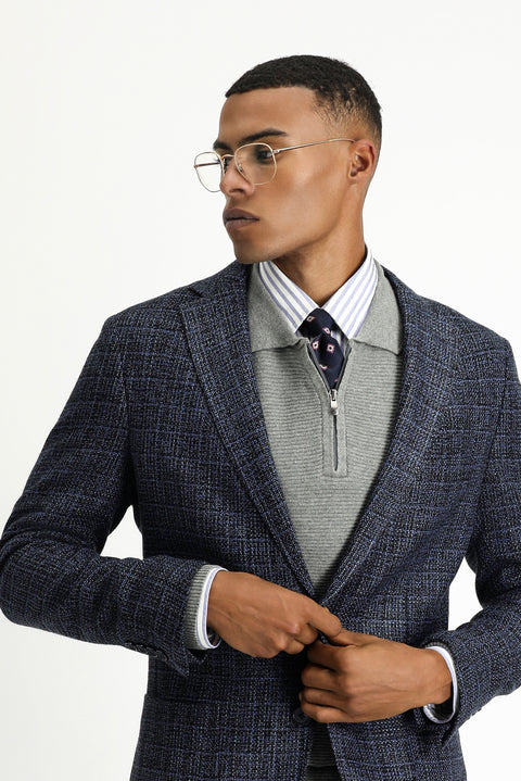 Medium Navy 7 Drop Super Slim Fit Extra Narrow Cut Patterned Sport Wool Jacket