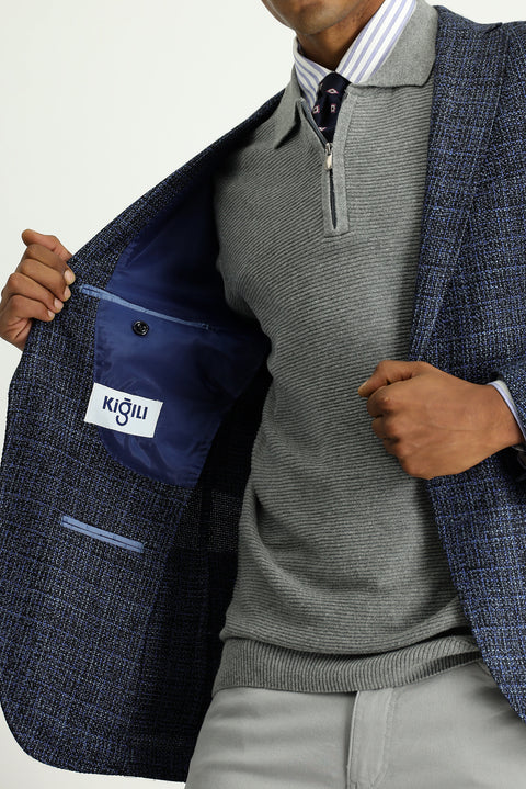 Medium Navy 6 Drop Regular Fit Standard Cut Patterned Sport Wool Jacket