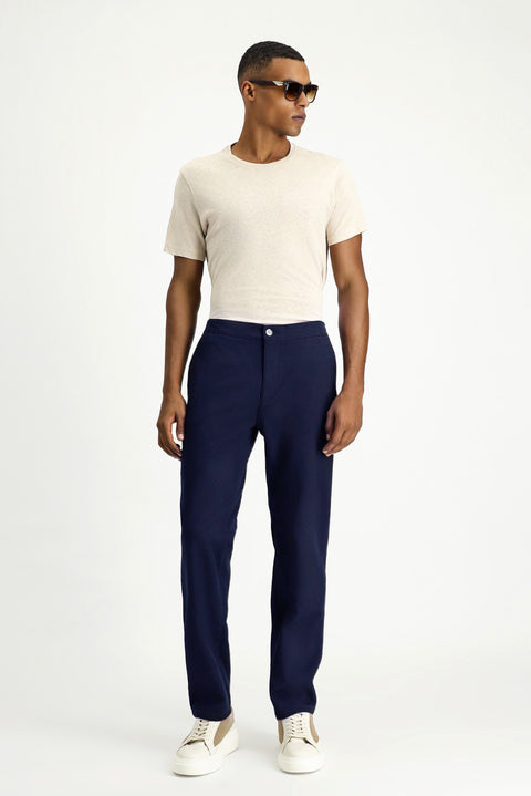 Mid Navy Regular Fit Standard Cut Lycra Canvas / Chino Trousers