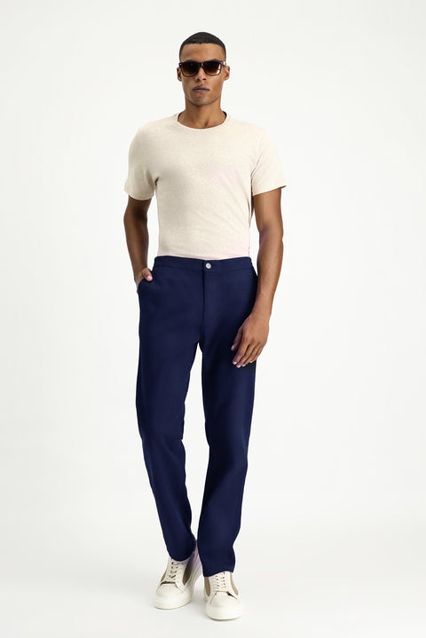Mid Navy Regular Fit Standard Cut Lycra Canvas / Chino Trousers