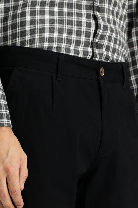 Black Regular Fit Standard Cut Lycra Pleated Canvas / Chino Trousers