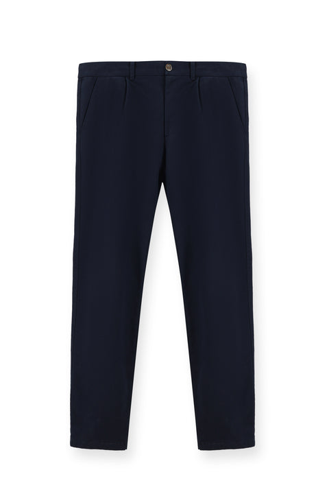 Dark Navy Regular Fit Standard Cut Lycra Pleated Canvas / Chino Trousers