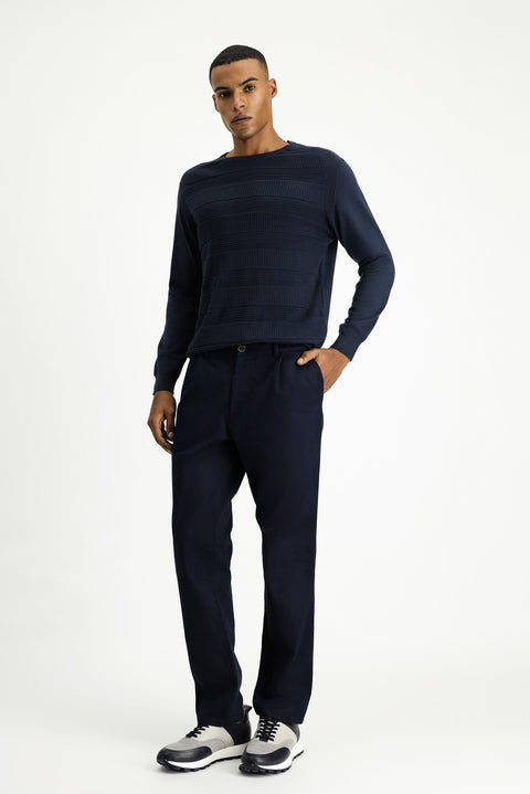 Dark Navy Relaxed Fit Stretch Pleated Canvas / Chino Trousers
